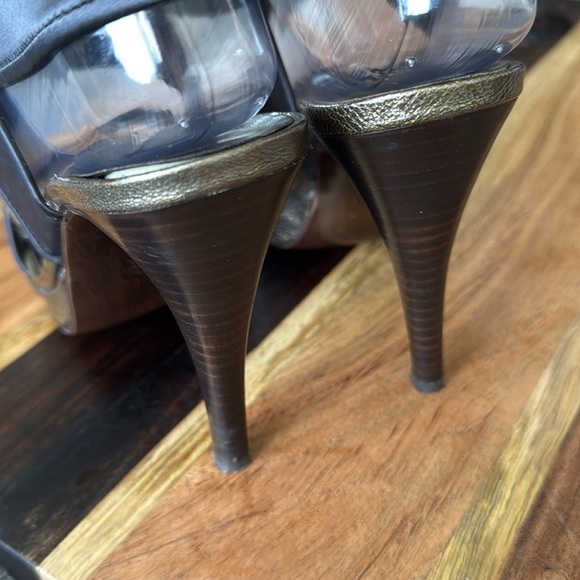 Donald J Pliner Women Platform Heels Gray Satin Gold Metallic Evening Sandals 7 - Picture 4 of 13